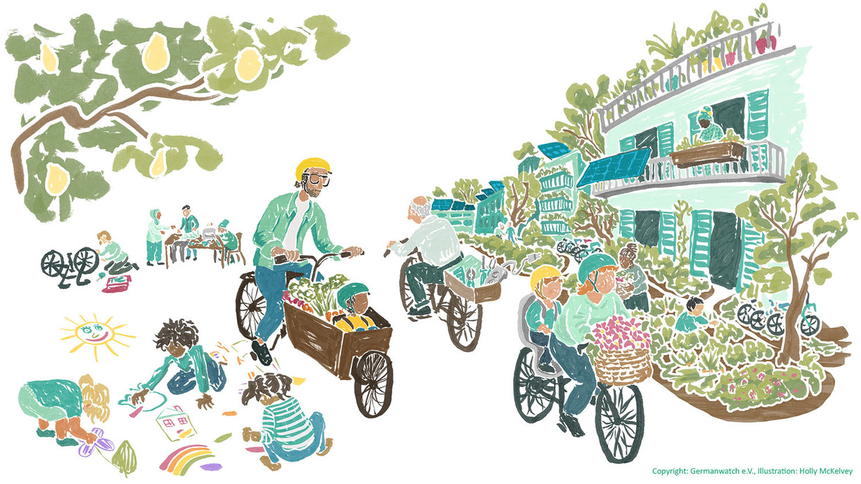 Die Illustration zeigt Menschen im Stadtbild, Fahrradfahrer, spielende Kinder und ein Wohnquartier.