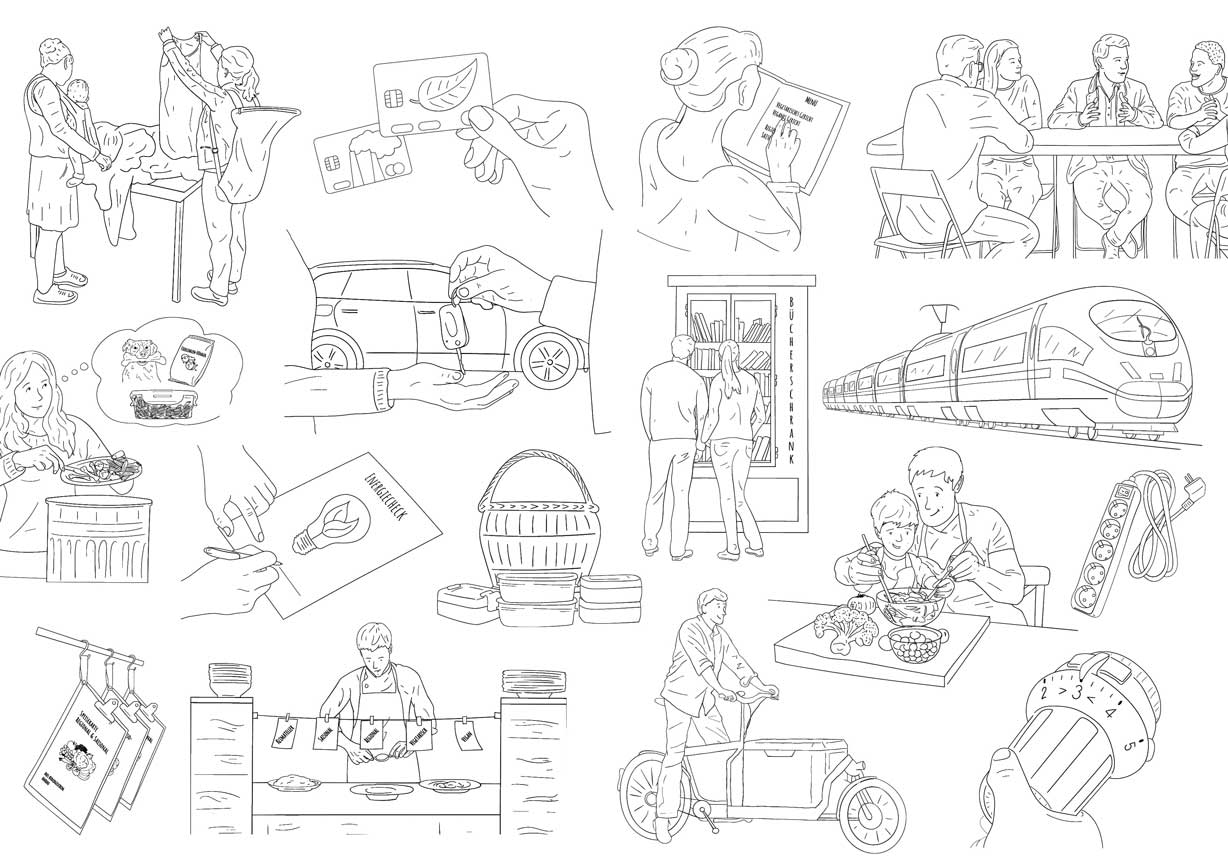 Collage aus Line-Art-Zeichnungen, die verschiedene nachhaltige Alltagssituationen darstellen.