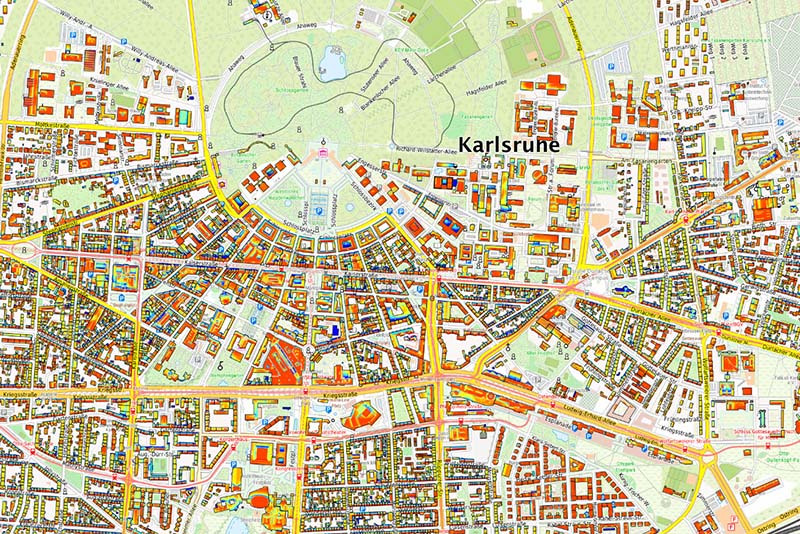 Stadtplan von Karlsruhe mit Straßen, Gebäuden und Grünflächen im Detail dargestellt.
