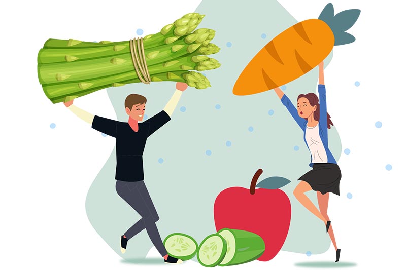 Illustration von zwei Personen mit übergroßem Gemüse und Obst als Symbol für gesunde Ernährung.