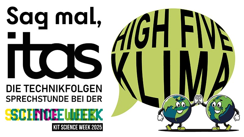 Logo zur KIT Science Week 2025 und zur Veranstaltung Sag mal ITAS mit Klimaschutz-Hoch-Five.