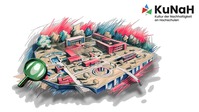 Illustration eines Campus-Modells mit Gebäuden und Lupe, Logo KuNaH Nachhaltigkeit an Hochschulen.