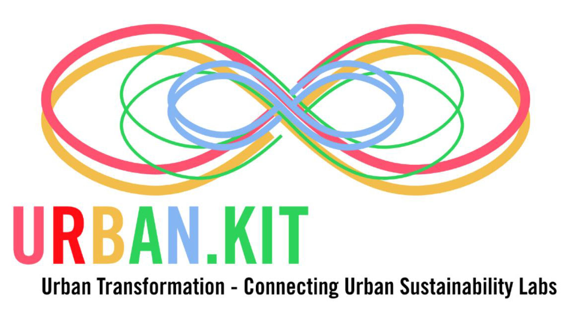 Logo von der Reallabor-Konferenz URBAN.KIT mit farbigen, ineinander verschlungenen Schleifen und Slogan zur urbanen Transformation.