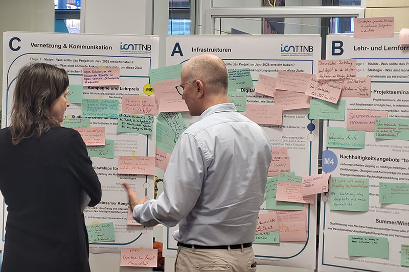 Zwei Personen unterhalten sich vor einer Pinnwand.