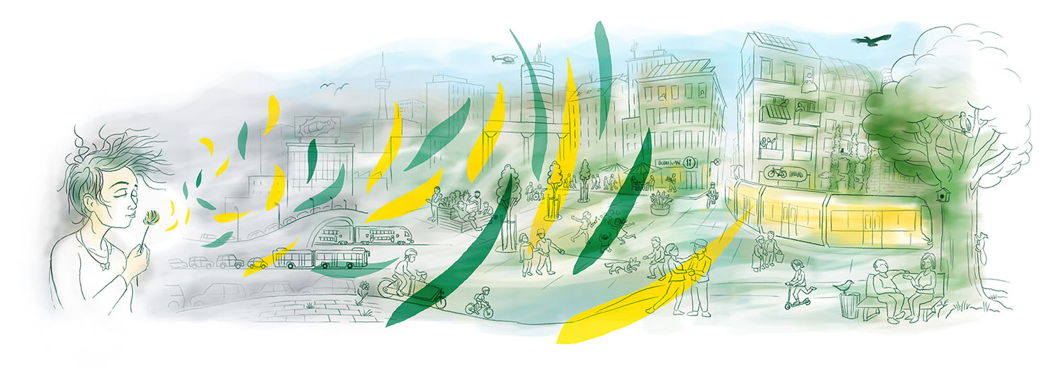 Illustration in gelb und grün zur Reallabor-Konferenz in 2024.