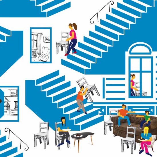 Menschen auf surrealen blauen Treppen, sitzen auf Stühlen, lesen, entspannen.