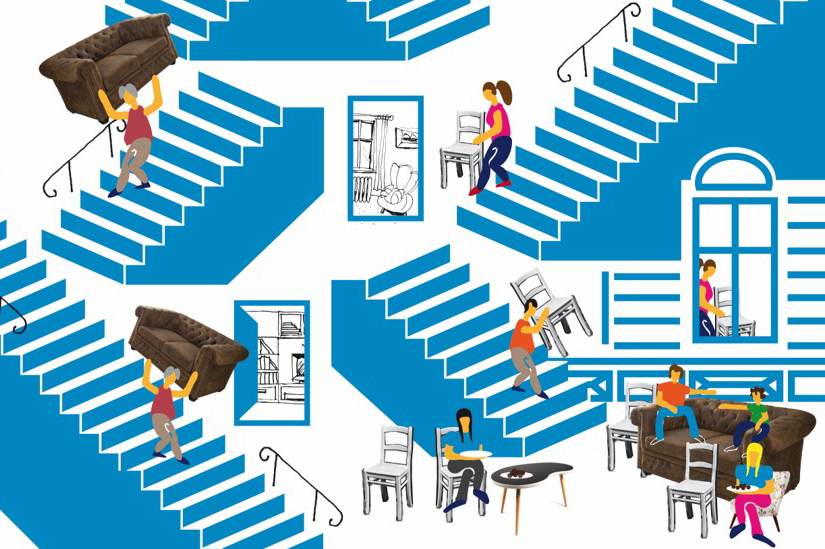 Illustration zeigt Menschen, die Möbel transportieren, auf verwirrenden Treppen, inspiriert von Eschers Kunst.