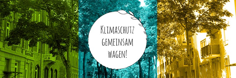 Dreigeteiltes Bild in verschiedenen Farben mit dem Logo von "Klimaschutz gemeinsam wagen" in der Mitte. 