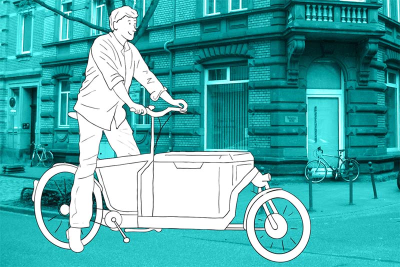 Illustration einer Person auf einem Lastenfahrrad vor einem Gebäude in Türkis-Tönen.