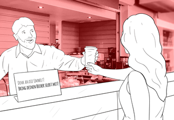 Zeichnung in rot: Ein Mann hinter einer Theke übergibt einer anderen Person einen Mehrwegbecher.