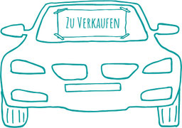 T&uuml;rkise Strichzeichnung eines Autos mit einem „Zu verkaufen“-Schild an der Windschutzscheibe.