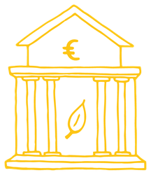Gelbe Strichzeichnung eines Tempelgeb&auml;udes mit Euro-Symbol und einem Blatt im Inneren.