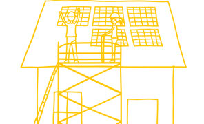 Gelbe Strichzeichnung von zwei Personen, die Solarmodule auf einem Hausdach installieren.