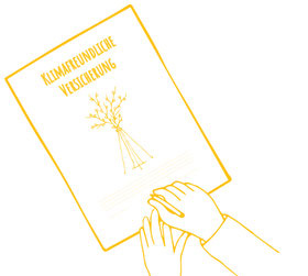 Illustration einer Hand, die ein Dokument mit der Aufschrift „Klimafreundliche Versicherung“ unterzeichnet.