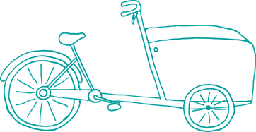 T&uuml;rkise Strichzeichnung eines Lastenrads mit gro&szlig;em Transportkasten vorne.
