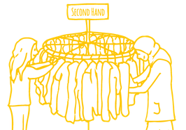 Gelbe Strichzeichnung: Zwei Personen suchen Kleidung an einem St&auml;nder mit der Aufschrift „Second Hand“.