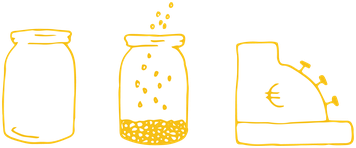 Gelbe Illustration: ein leeres Glas, ein bef&uuml;lltes Glas und eine Kasse mit Euro-Symbol.