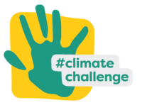 Das Logo der Climate Challenge zeigt eine grüne Hand auf gelben Hintergrund