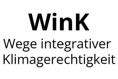 Schriftzug zum Wink-Projekt: "Wege integrativer Klimagerechtigkeit” in black text on white background.