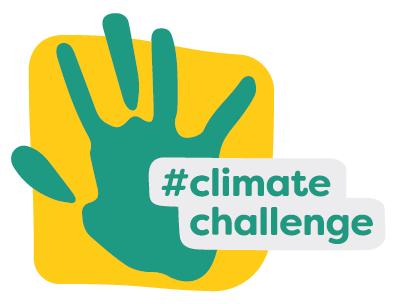 Das Logo der Climate Challenge zeigt eine grüne Hand auf gelben Hintergrund