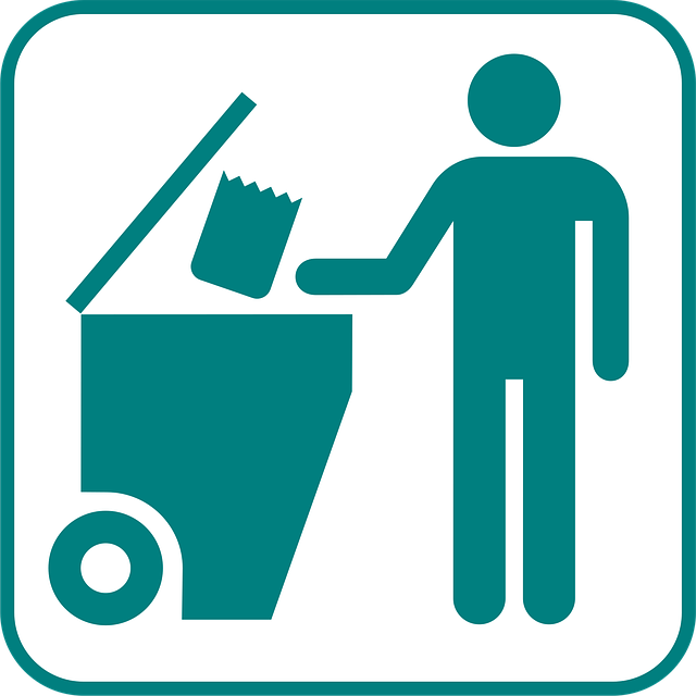 Piktogramm einer Person, die Müll in eine Mülltonne wirft, Symbol für Entsorgung.